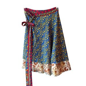 Darn Good‎ Yarn Reversible Silk Wrap Skirt Size XL Boho Patchwork Blue Gold